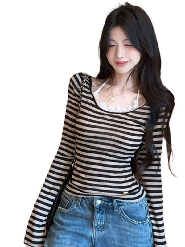 假两件条纹长袖t恤女秋冬纯欲辣妹挂脖上衣巨好看蕾丝打底衫内搭|undefined