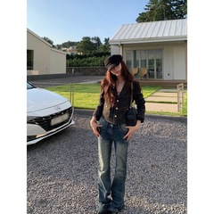 ONEONE 复古压褶修身低腰微喇牛仔裤女秋2025新款磨白休闲裤子