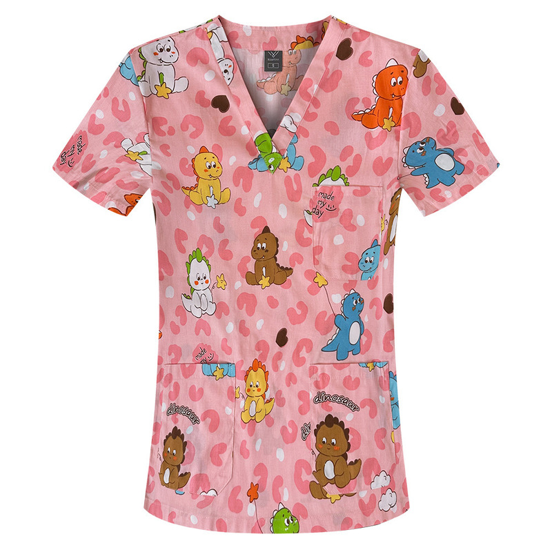 国境を越えたアマゾンの爆発的なアニメプリント看護師服女性vネック半袖tシャツ上着手術服作業服男性|undefined