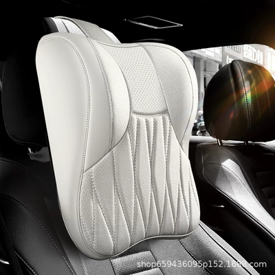 Headrest, Pillow, Seat Cushion, Leather - off-white-one-headrest-genuine-leather-c-style-quilted-embroidery-upgraded-3d-full-support