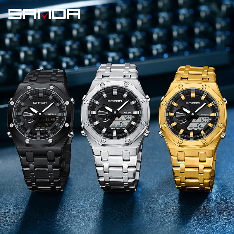 SANDA reloj electrónico popular correa de acero Luz de elevación manual reloj despertador multifuncional de moda para hombres frescos 3357
