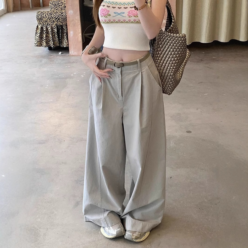 新款慵懒风纯色垂感休闲裤女夏季气质百搭宽松显瘦阔腿裤长裤ins|undefined
