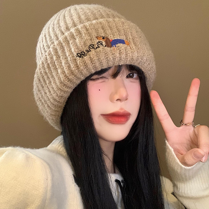 韩系可爱小狗针织帽子女秋冬季白色百搭加厚保暖防寒护耳套头冷帽|undefined