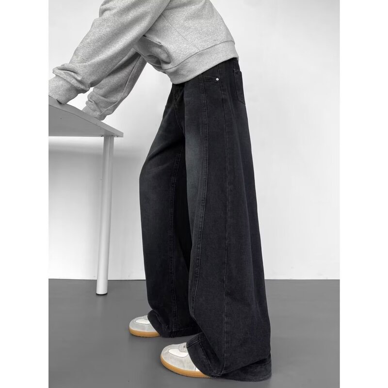 American-Style Patchwork Scimitar Jeans for Men, Spring and Autumn Trendy Brand, Faded Wash, Vintage High Street Straight Wide-Leg Pants American-Style Patchwork Scimitar Jeans for Men, Spring and Autumn Trendy Brand, Faded Wash, Vintage High Street Straight Wide-Leg Pants