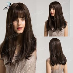 Air bangs straight hair high temperature silk European and American wigs for women, brown cross-border wholesale wigs hair cap