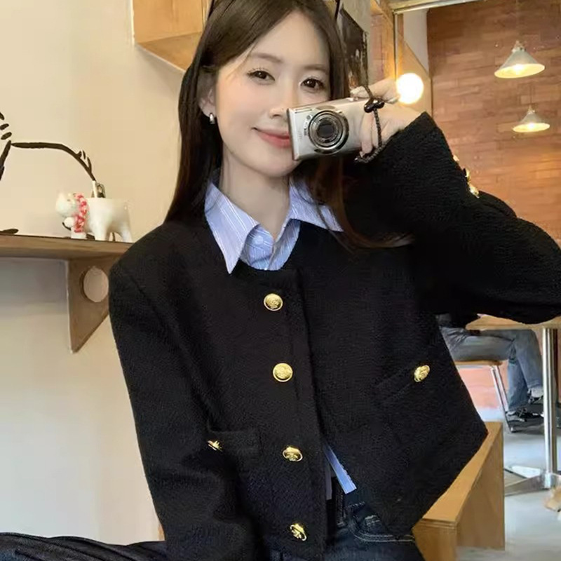 韩系小香风黑色外套女春秋季2025新款早初秋装高级感短款上衣套装|undefined
