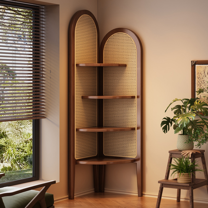 Gabinete de esquina, estante, gabinete de almacenamiento de una pieza contra la pared, sofá de sala de estar, almacenamiento triangular en la pared, gabinete de exhibición de ratán