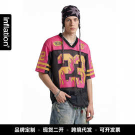 捷展男装|美式撞色网洞棒球短袖26春夏新品复古撞色数码印V领上衣
