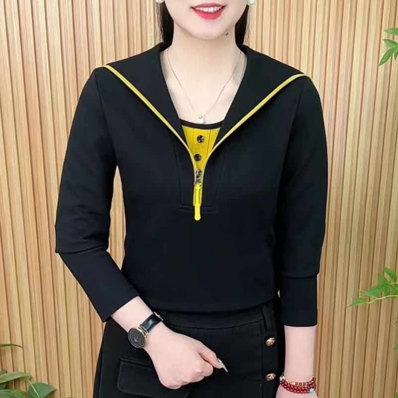 时尚假两件半拉链拼色小衫女t恤2025春季新款妈妈装百搭弹力上衣|undefined