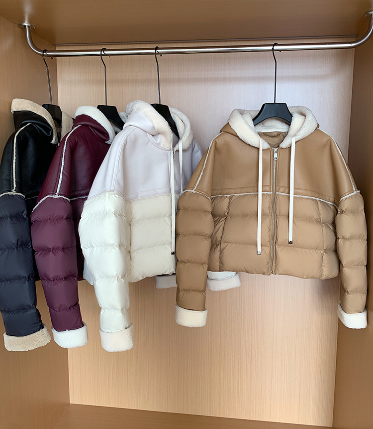Giacca corta europea in piumino per donna stile corto cuciture colore a contrasto pelle PU leggera lusso alta qualità maglione largo 2024 nuovo inverno_voghion.com