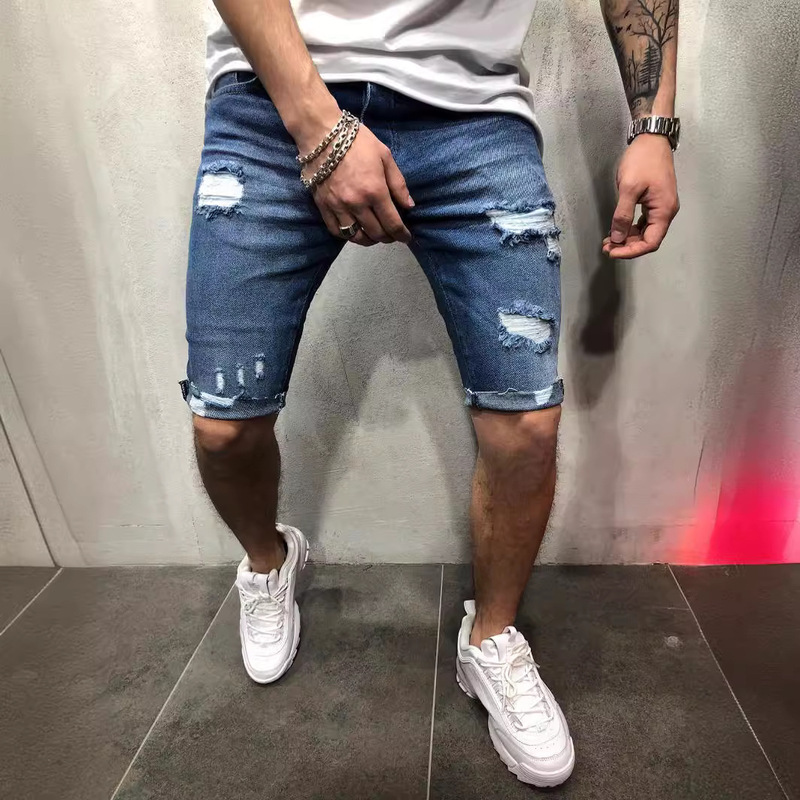 European and American New Denim Five-point Pants Hole Slim-fit Slimming Men's Pants Cross-border for European Station New Men's Shorts