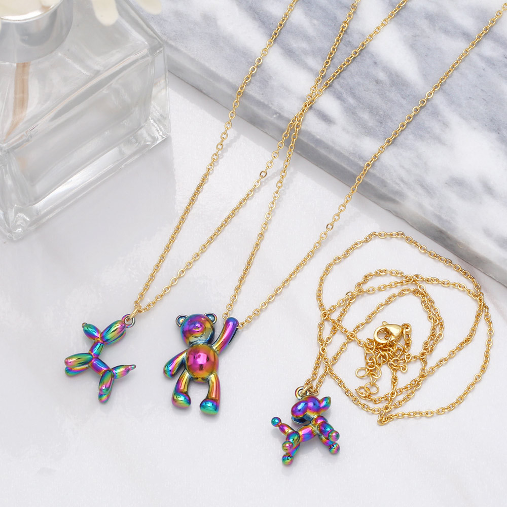 Hip Hop Balloon Dog Colorful Bear Pendant Copper Necklace