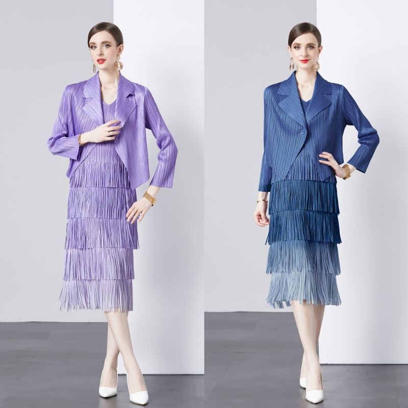 Fashion Suit Jacket Two-Piece Miyake Pleated Socialite Elegant V-Neck Cake Skirt Tassel Gradient dress