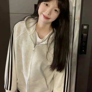 三条慵懒美式复古连帽条纹学院风穿搭卫衣女oversize休闲开衫外套