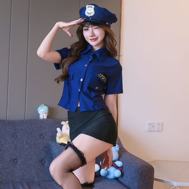 Policewoman & Flight Attendant Cosplay Lingerie Set with Top, Skirt, Thong & Hat — detail image 3