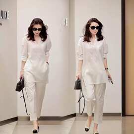 2025年夏季网红新款时尚精致气质V领重工亮片中袖上衣裤子套装女