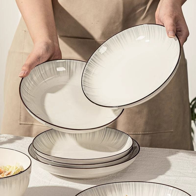 Plate Dish Household Ceramic High-End Light Luxury Striped Gray New Cooking Dish Deepened Fish Plate Set