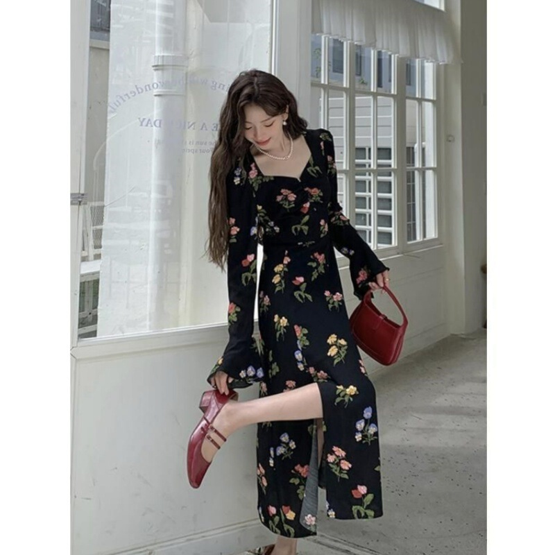2025 New Women's New Slim Mid-Length Dress French Romantic Designer Fashion Slit Floral Skirt