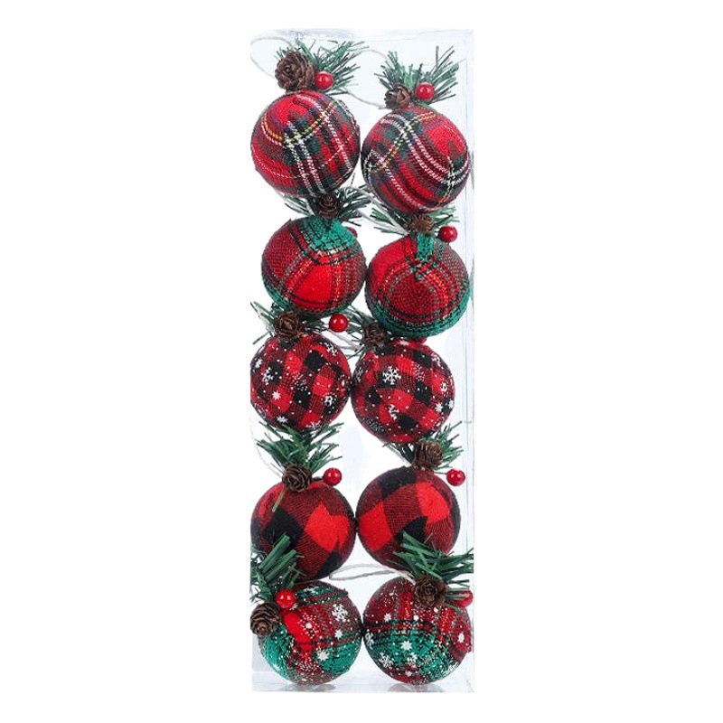 Transfronterizo nuevo colgante de bola de Navidad 5CM rojo y verde bolsa de lino hoja de aguja de pino pegajoso BOLA DE Navidad en caja colgando decoraciones de bolas