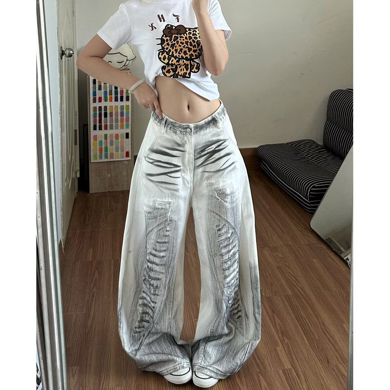 American retro distressed three-dimensional cat-ear wash design white jeans for men and women, trendy wasteland style couple pants