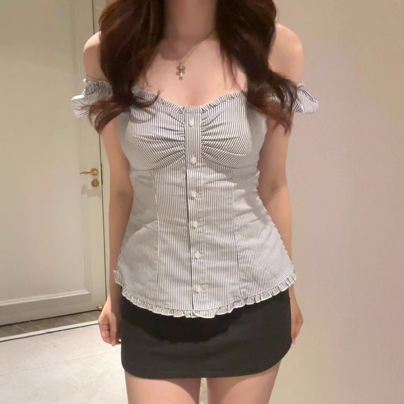Blue Striped Puff Sleeve Shirt Top for Women, Summer 2025 New French Style Versatile Slim Short-Sleeve Blouse for Women