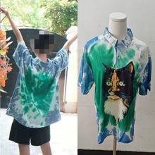 长期现货2025夏杨幂同款短袖T恤印花polo衫新款扎染色宽松翻领女