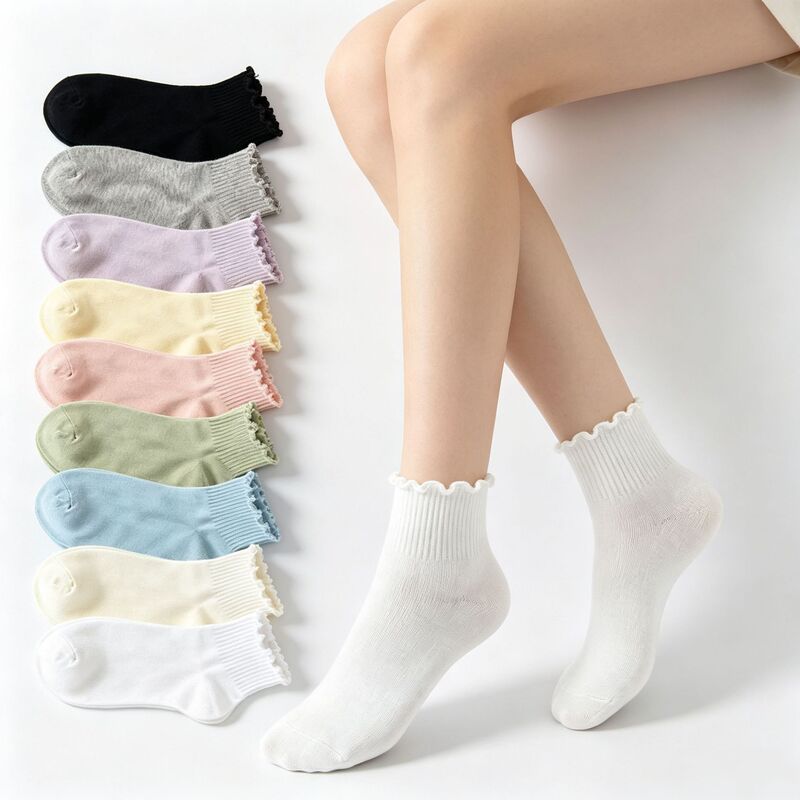 Zhuji pure cotton women's socks, double pleated socks, cute pleated ankle socks, low-cut ruffled non-slip cotton socks Zhuji pure cotton women's socks, double pleated socks, cute pleated ankle socks, low-cut ruffled non-slip cotton socks