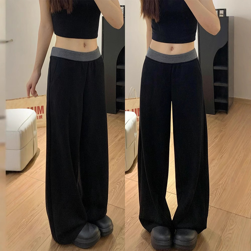 Summer Elegant Black Patchwork Casual Sports Pants for Women, Autumn High-Waisted Loose Slimming Straight-Leg Wide-Leg Floor-Length Pants Summer Elegant Black Patchwork Casual Sports Pants for Women, Autumn High-Waisted Loose Slimming Straight-Leg Wide-Leg Floor-Length Pants