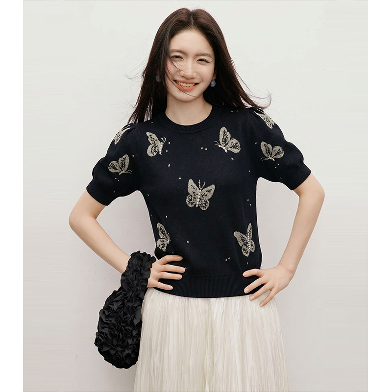 Heavy-Duty Butterfly Beaded Embellished Knit T-Shirt for Women, New Summer Design, Niche Style, Regular Shoulder, Thin Short-Sleeve Top Heavy-Duty Butterfly Beaded Embellished Knit T-Shirt for Women, New Summer Design, Niche Style, Regular Shoulder, Thin Short-Sleeve Top