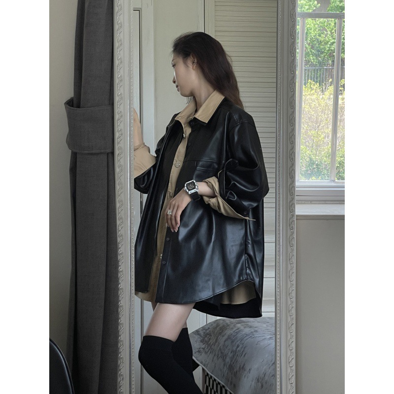 Black leather women's autumn and winter new loose slimming simple motorcycle style leather jacket shirt outerwear wholesale