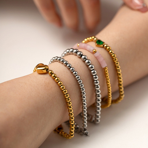 INS-style trendy titanium steel bracelet 16k gold round bead green heart zirconia bracelet, colorfast accessories wholesale