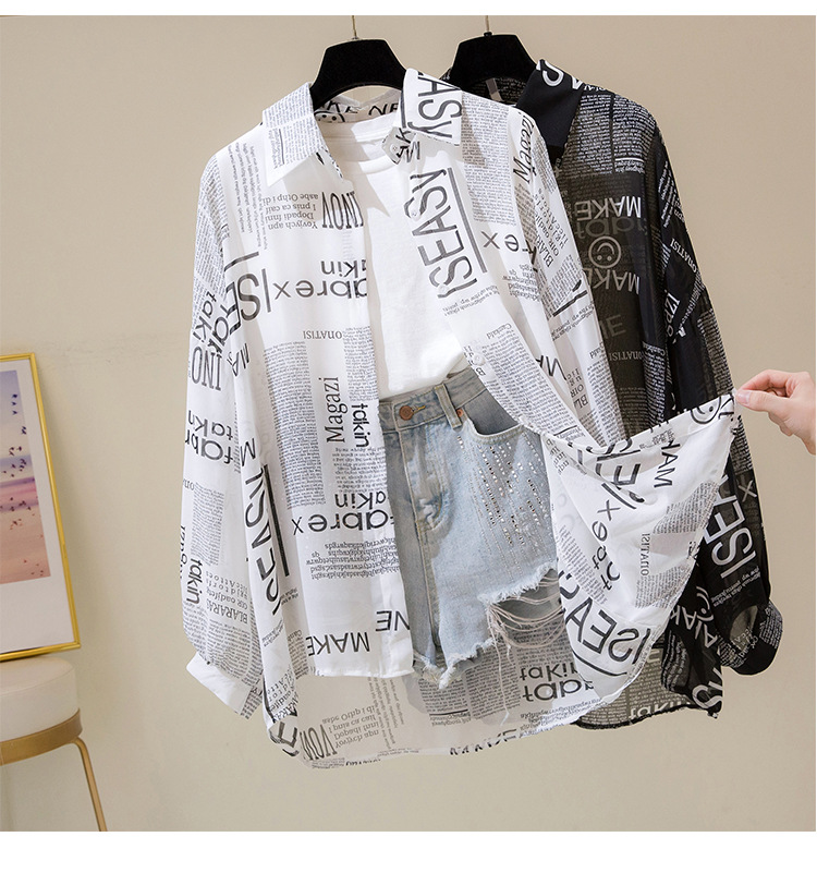 Damenbekleidung, lockeres Hemd, Damen, Sommer 2024, schickes Retro-Langarmshirt mit Zeitungsmotiv, Sonnenschutz, Cardigan für Damen_voghion.com