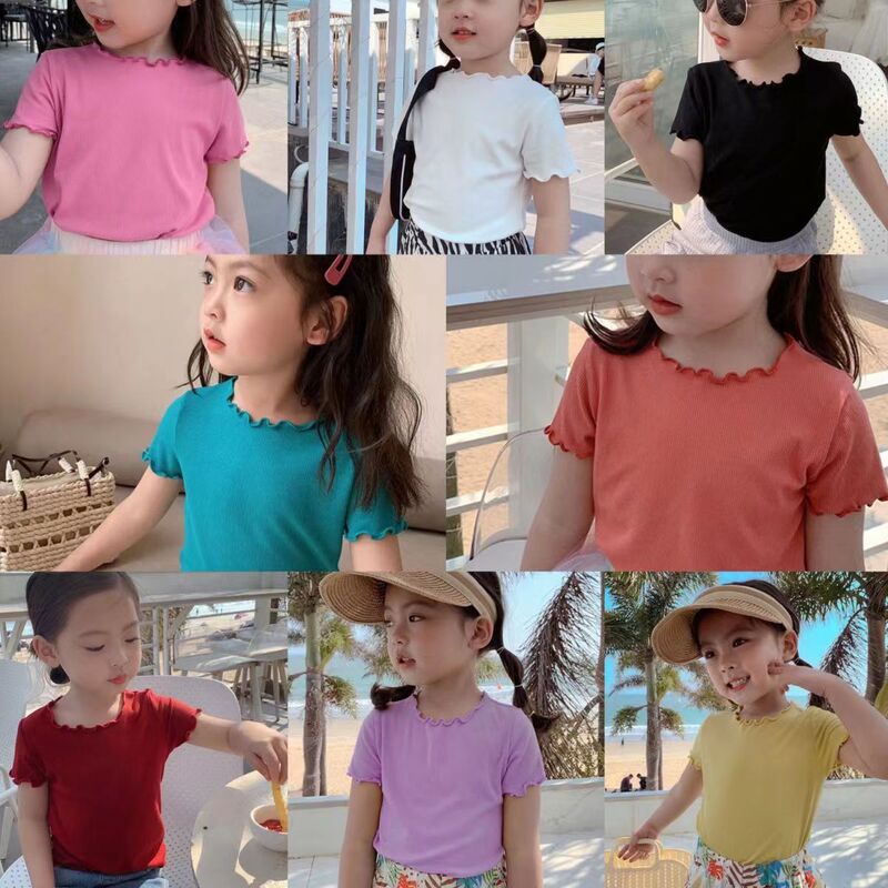 Ice Silk Short-Sleeve T-Shirt New Korean Style for Girls, Baby Summer Versatile Striped Trendy Ruffle Top for Toddlers and Young Children