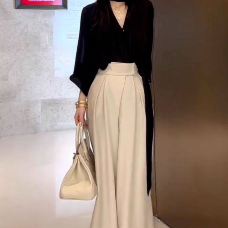 韩系感休闲套装女春季新款飘带衬衫垂感阔腿裤两件套女装|undefined