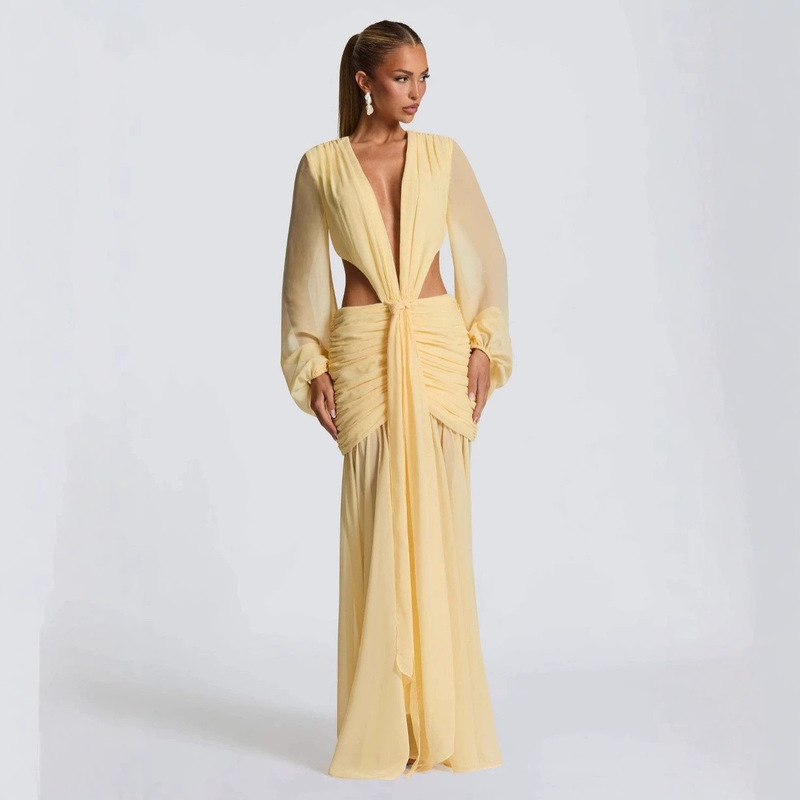 2025 European and American Cross-Border Women's Chiffon Dress with Sheer Sleeves, Sexy Backless Fashion, Solid Color Hollow-Out Long-Sleeve Long Dress 2025 European and American Cross-Border Women's Chiffon Dress with Sheer Sleeves, Sexy Backless Fashion, Solid Color Hollow-Out Long-Sleeve Long Dress