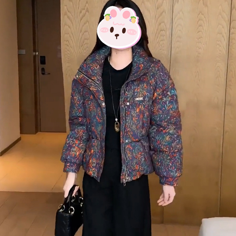 小众设计花色棉服女2025冬季新款韩系立领休闲百搭加厚保暖棉衣潮