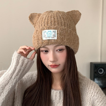 日系可爱猫耳朵毛线帽子女冬季加厚防风套头帽日系保暖护耳针织帽