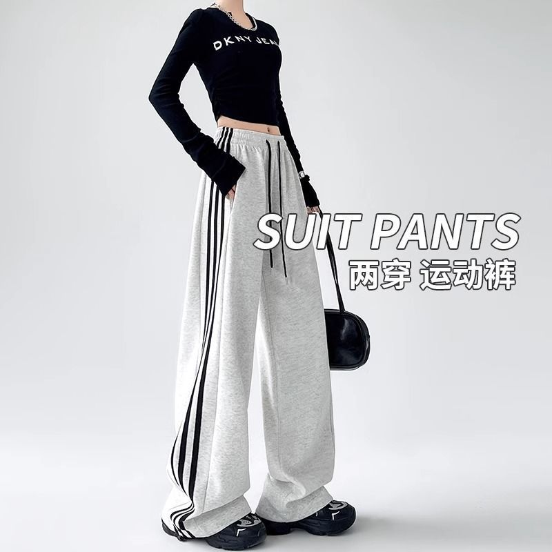 American-Style Women's Sweatpants 2026 New Autumn and Winter Loose Straight Casual Fleece-Lined Striped Petite Wide-Leg Pants