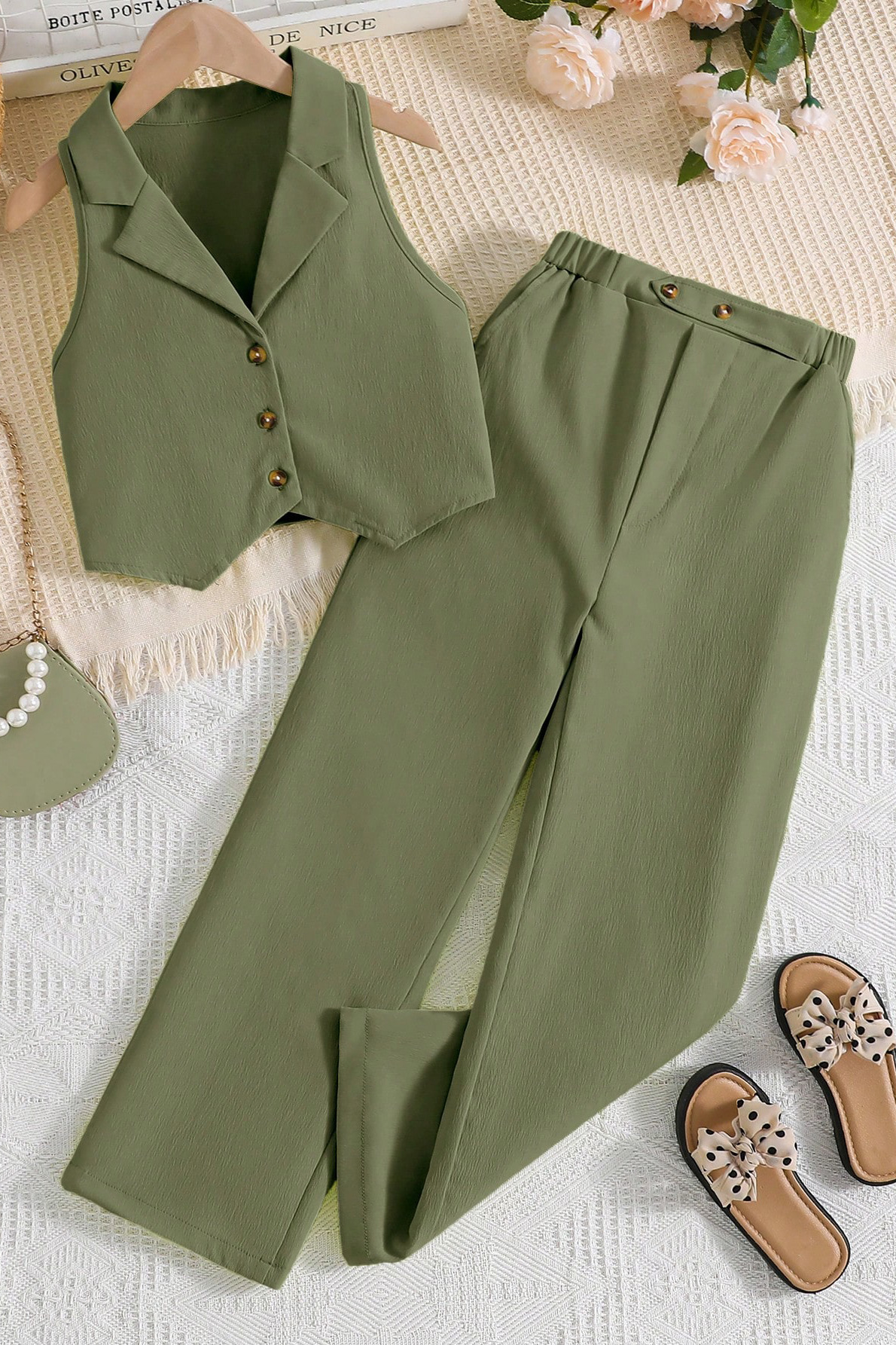 Traje para niños Verano coreano cardigan sin mangas traje corto top pantalones de dos piezas para niñas ropa infantil transfronteriza