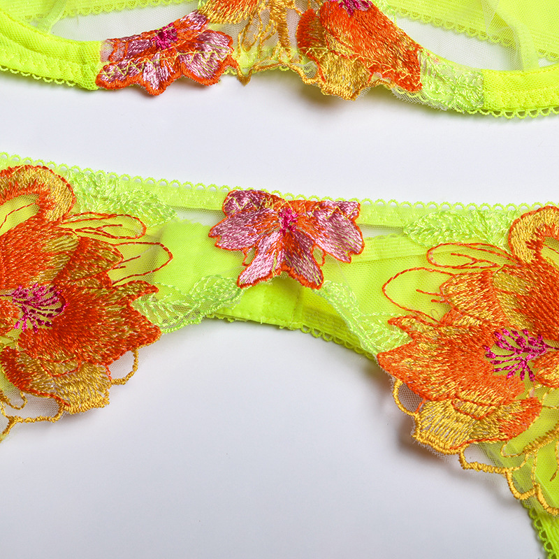 Conjunto de lencería sexy transparente de color sólido con tirantes bordados de flores NSMXF114548