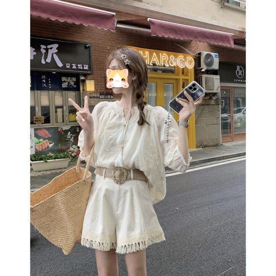 French Embroidered V-neck Lantern Sleeve Sun Protection Top Tassel Wide Leg Shorts Women's Summer 2025 New Fashion suit