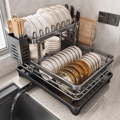 食器収納ラック、水切りかご、ボウルラック、食器、丼、皿、二層の新しいステンレス製キッチン収納ラック