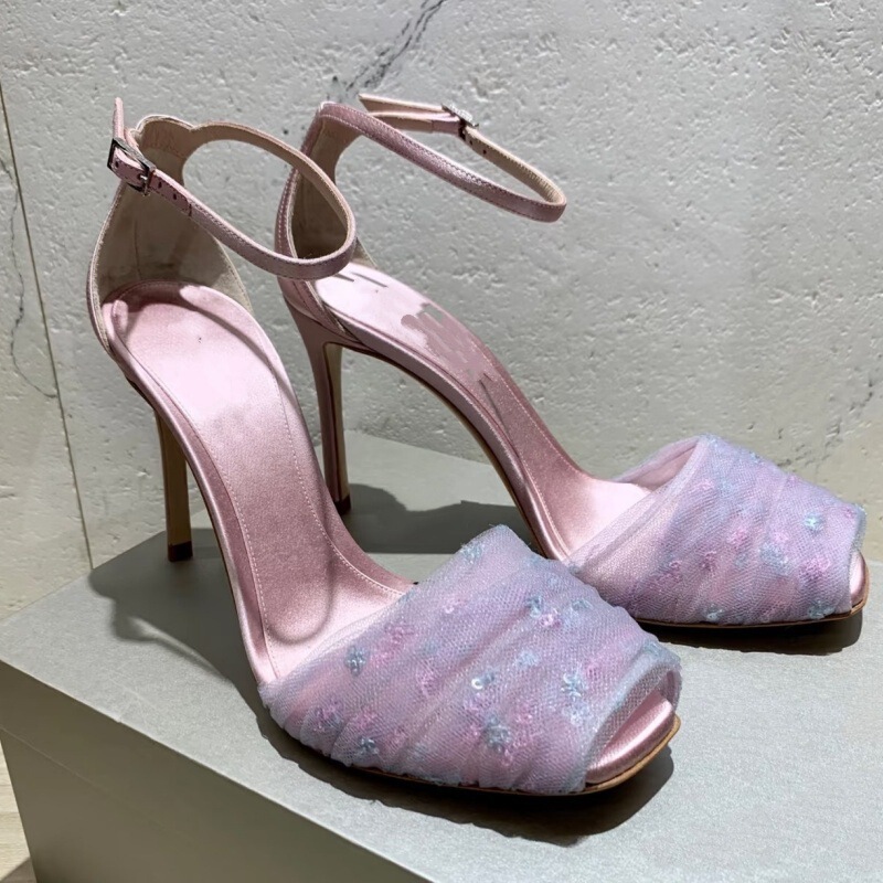 2026 New Style Mesh Sequin Peep-Toe High-Heeled Sandals Hot Sale Chiffon Sweet and Elegant Style Stiletto High-Heeled Sandals for Women