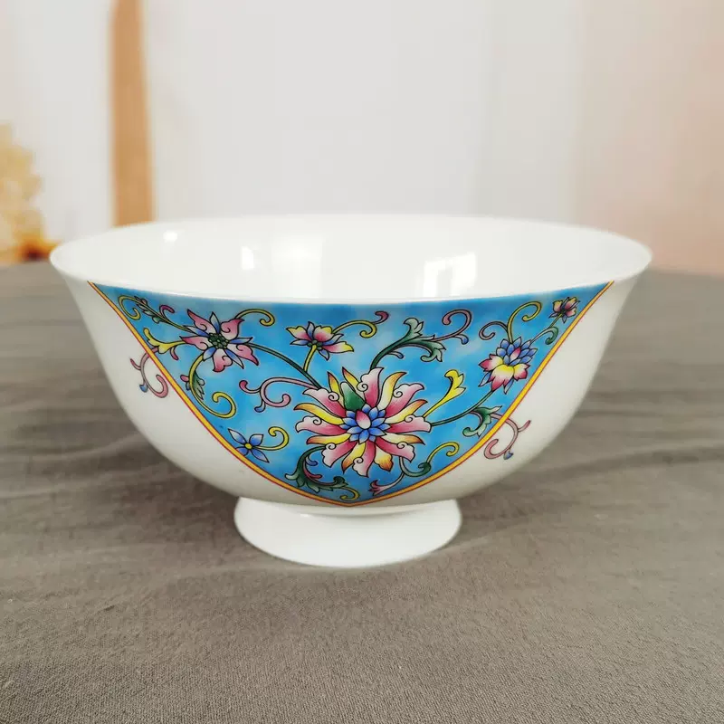 中式复古珐琅彩陶瓷5.5英寸高脚碗 家用米饭碗 汤碗面碗餐厅骨瓷