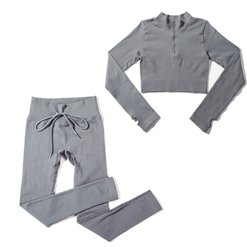 Fábrica en stock europeo y americano ins cremallera con cordón deportivo de manga larga ropa de entrenamiento traje de mujer ropa de yoga sin costuras transfronteriza