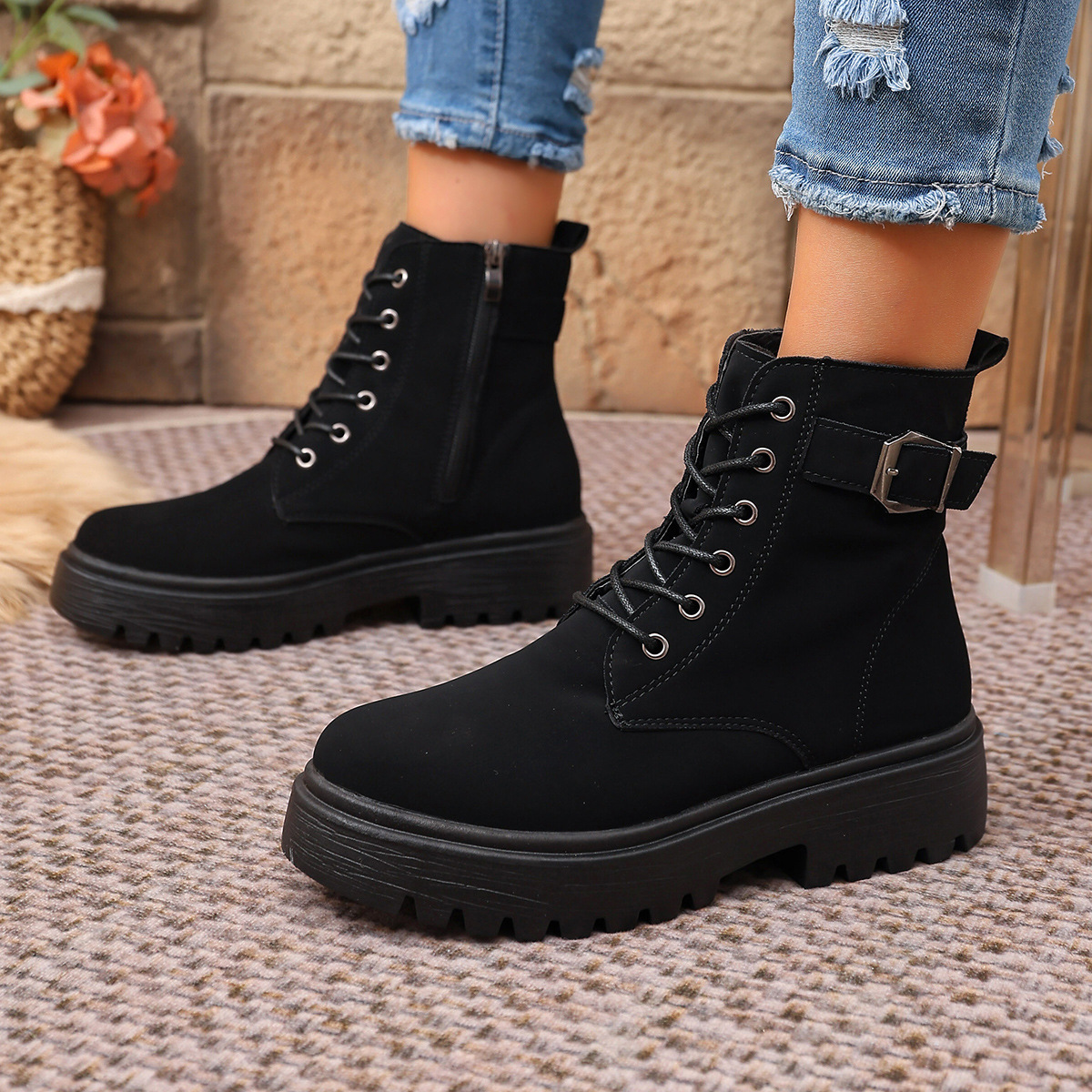 Women's Plus Size Round Toe Ankle Boots With Side Zipper Thick Soled Winter Martin Boots Belt Buckle New Style_voghion.com