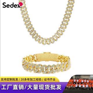 欧美嘻哈弯扣项链多排钻镶锆石菱形古巴链跨境男士粗批发不掉色