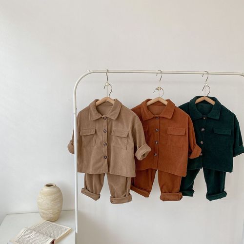 Spring and Autumn Infant Children's Male and Female Lapel Cardigan Jacket + Pants Corduroy Two-piece Set