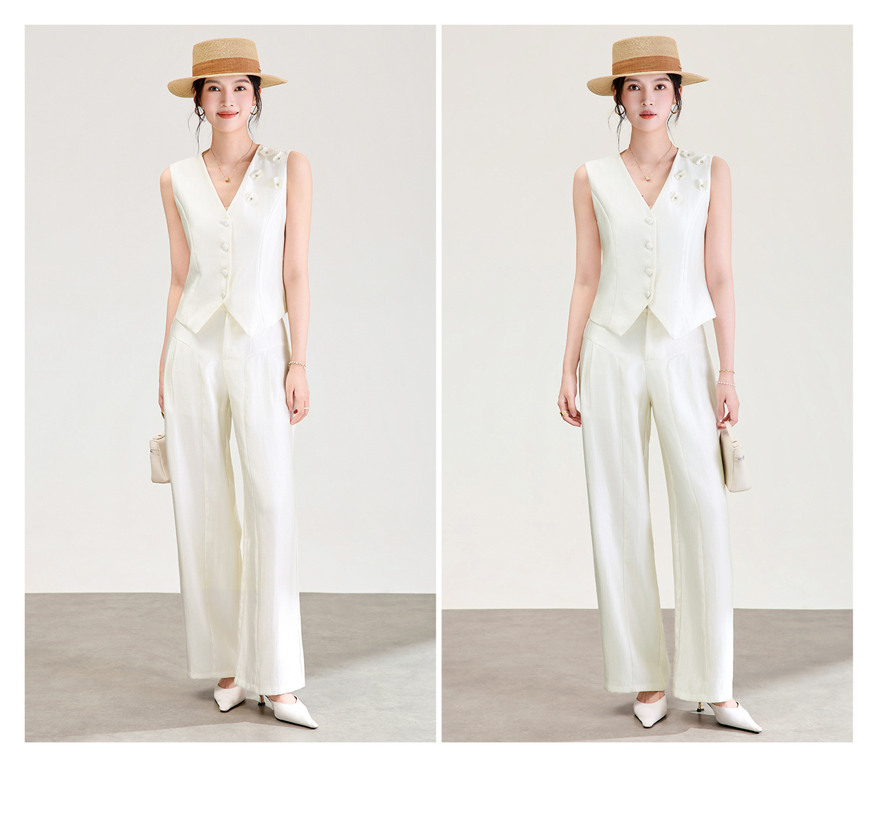 Bộ áo gile và quần ống rộng nữ phối vải linen pha tencel mát mẻ — Màu cà phê chi tiết 21