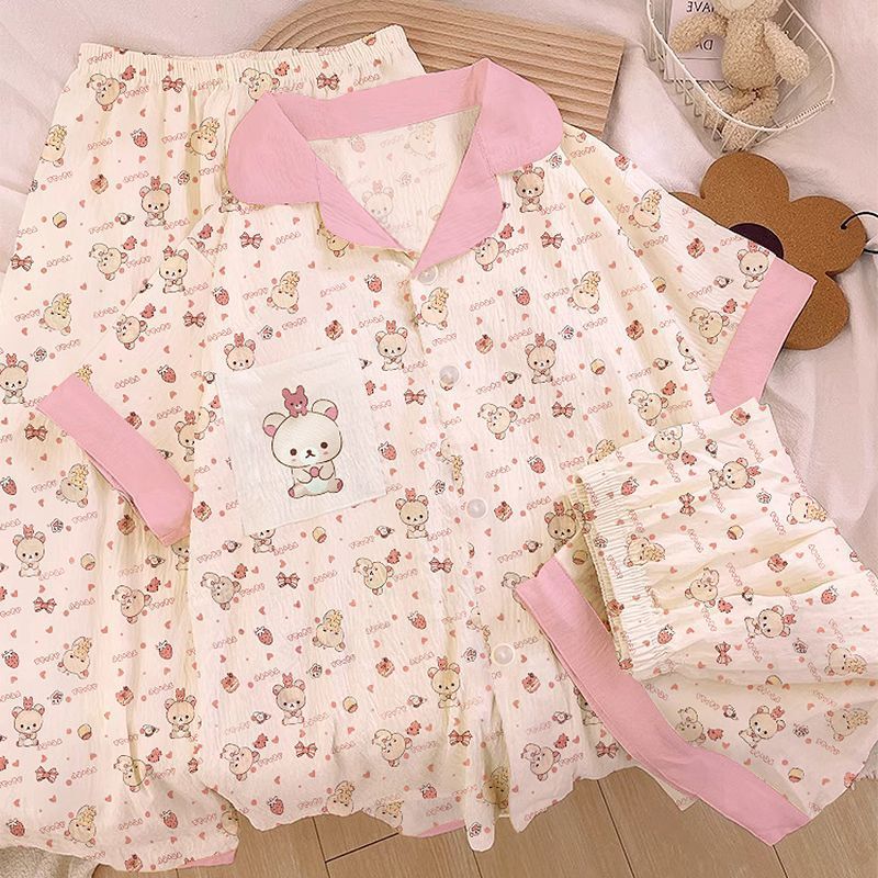 Cute Cartoon Bear Three-Piece Pajamas for Women, Summer Korean Style Short-Sleeved Ins Cloud Cotton Sweet Home Clothes for Outer Wear